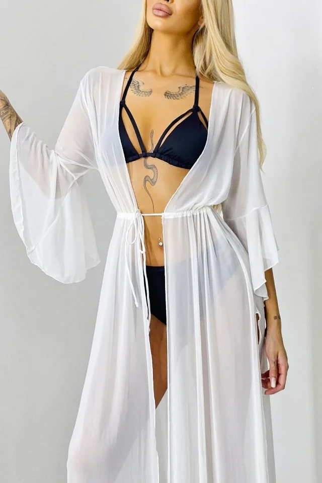 Cardigan de plaja LEXA, cu maneca evazata si snur in talie, Alb