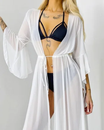Cardigan de plaja LEXA, cu maneca evazata si snur in talie, Alb