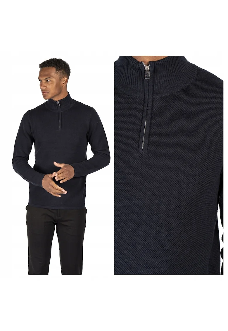 Pulover Barbati,  Langdon Half Zip, Regular Fit, Maneci Lungi, Guler Inalt, Design Simplu, Bumbac, Negru, Negru
