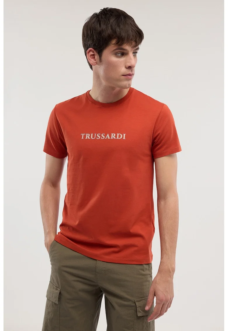 Tricou din bumbac cu imprimeu logo, Bej inchis/Rosu castaniu