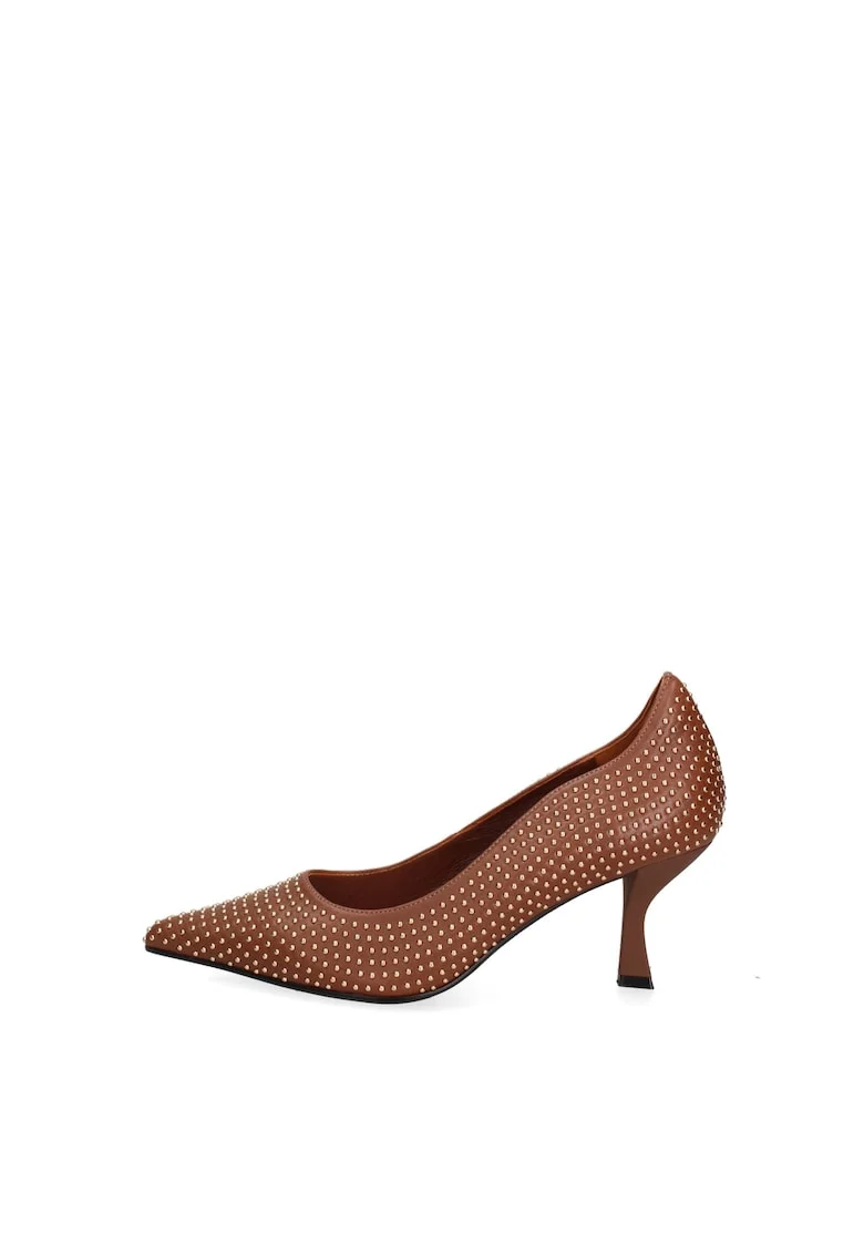 Pantofi din piele cu tinte si toc Lunaria Nova, Maro cognac