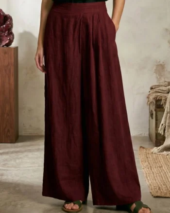 Pantaloni de vara din in cu croiala ampla si pliuri in talie, bordo