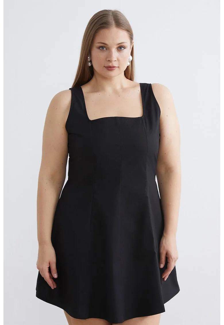 Rochie mini evazata cu decolteu patrat, Negru