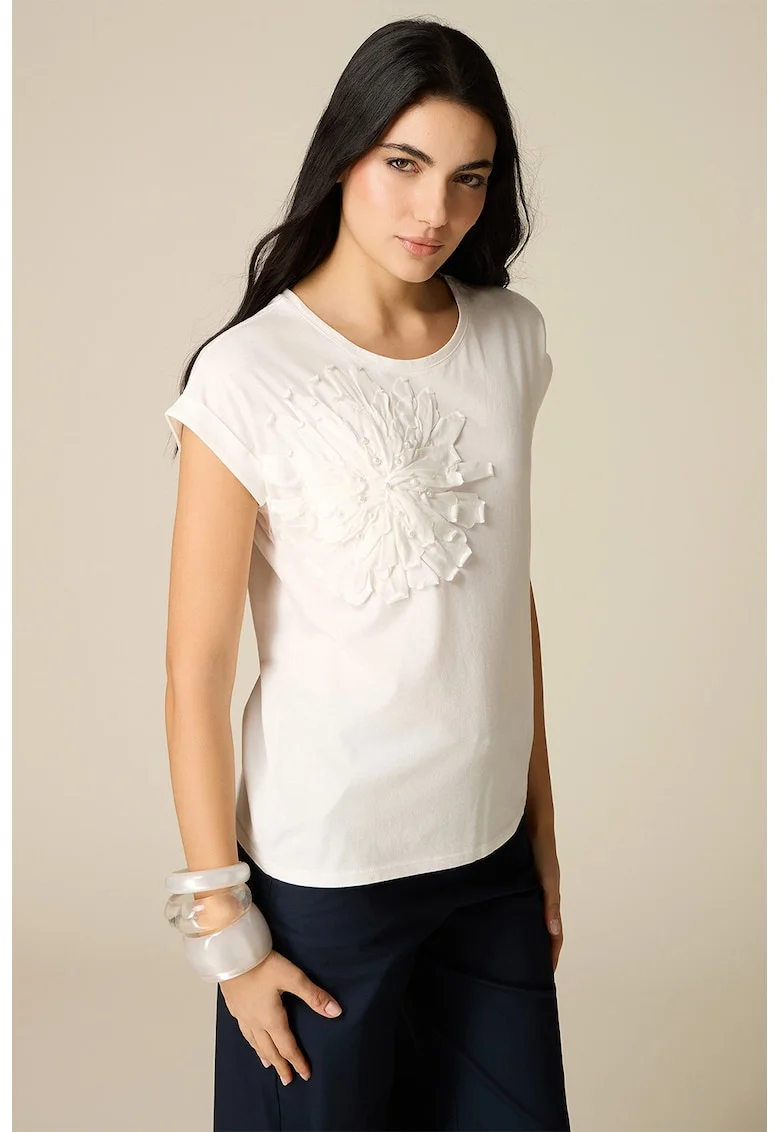 Tricou din amestec de modal si aplicatie florala, Alb