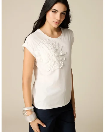 Tricou din amestec de modal si aplicatie florala, Alb