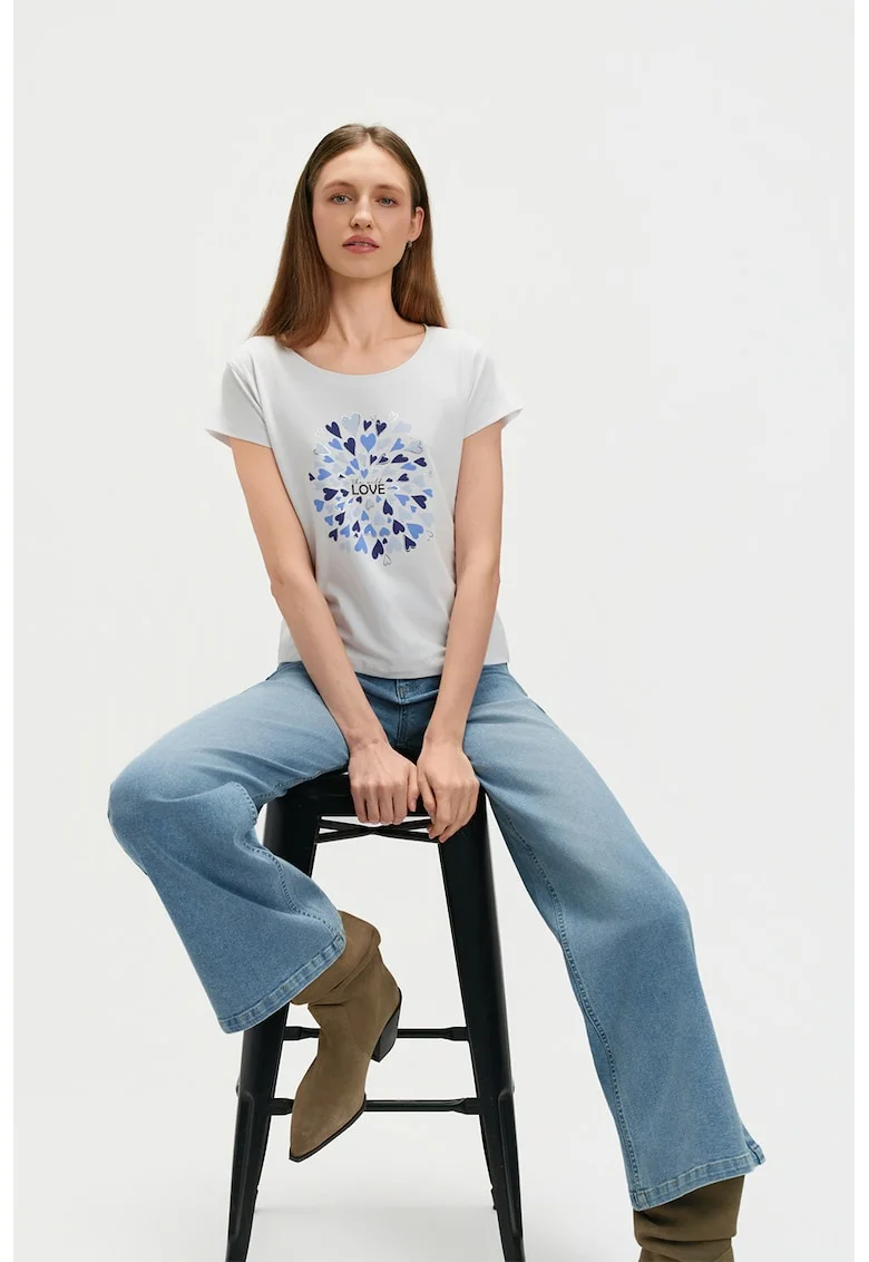 Tricou cu imprimeu grafic, Alb/Albastru