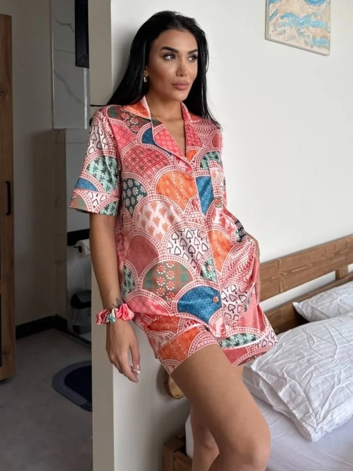 Set pijama dama din doua piese, cu nasturi – 2500153, Color Mosaic