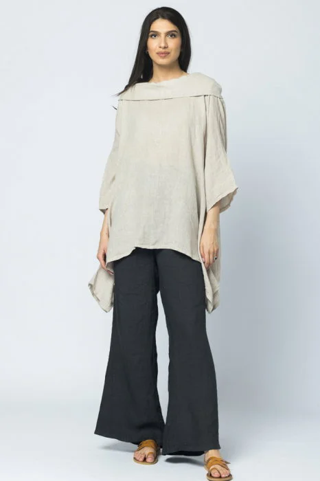 Bluza lunga in colturi, din in, cu gluga, bej