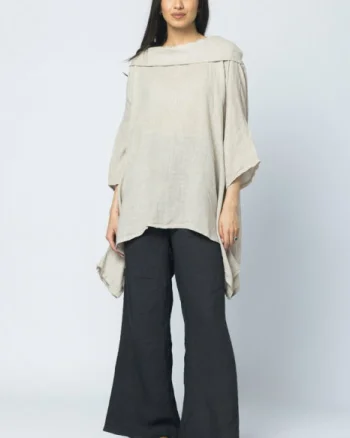 Bluza lunga in colturi, din in, cu gluga, bej