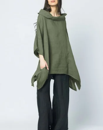 Bluza lunga in colturi, din in, cu gluga, kaki