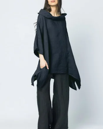 Bluza lunga in colturi, din in, cu gluga, bleumarin