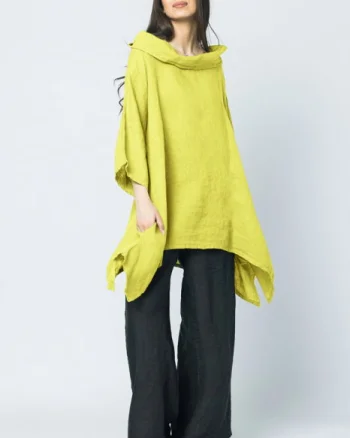 Bluza lunga in colturi, din in, cu gluga, galben