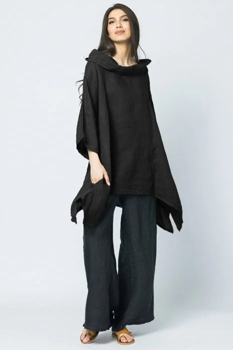 Bluza lunga in colturi, din in, cu gluga, neagra