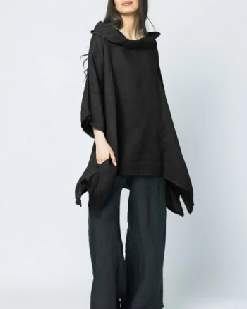 Bluza lunga in colturi, din in, cu gluga, neagra
