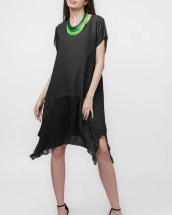 Rochie din in cu volan din matase naturala si colturi, neagra
