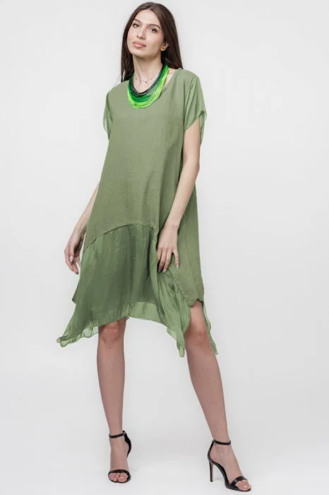 Rochie din in cu volan din matase naturala si colturi, kaki