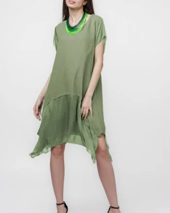 Rochie din in cu volan din matase naturala si colturi, kaki
