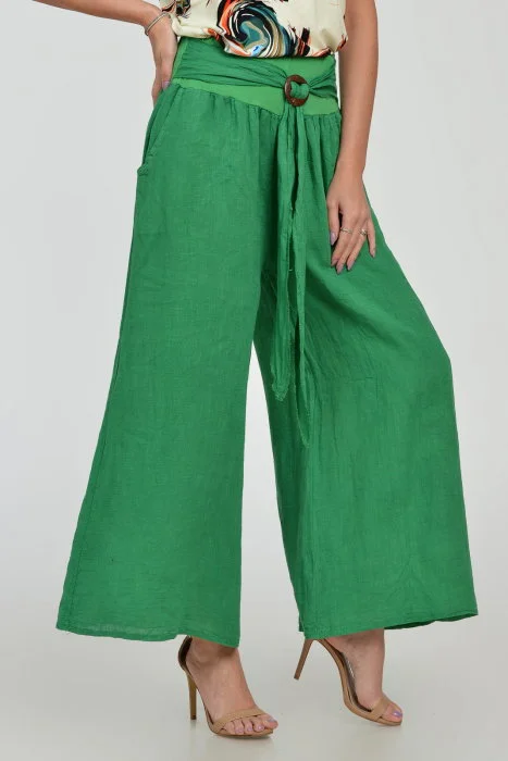 Pantaloni drepi, largi, de vara, din in, cu accesoriu de lemn, verzi