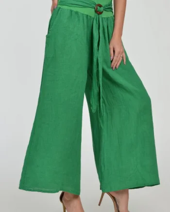 Pantaloni drepi, largi, de vara, din in, cu accesoriu de lemn, verzi