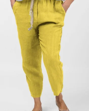 Pantaloni galben din in, pana, cu snur alb