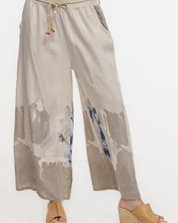 Pantaloni de vara largi din in bej cu imprimeu floral artistic