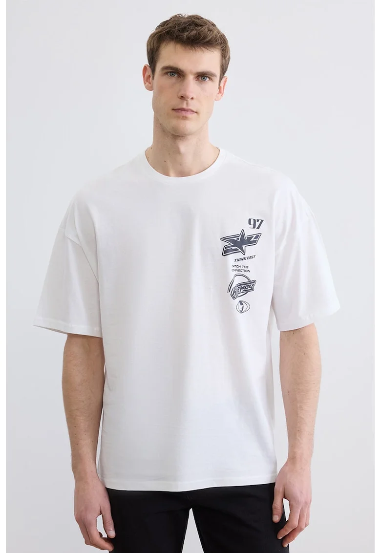 Tricou lejer de bumbac, Gri carbune/Alb optic