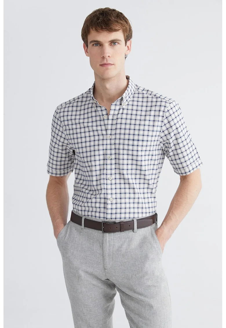 Camasa regular fit in carouri cu maneci scurte, Bej