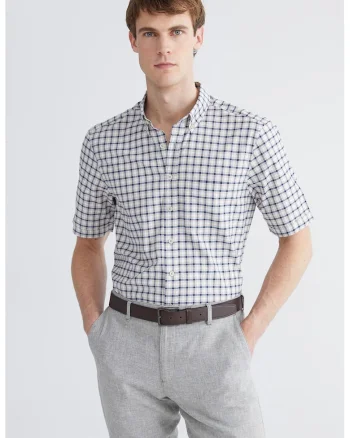 Camasa regular fit in carouri cu maneci scurte, Bej