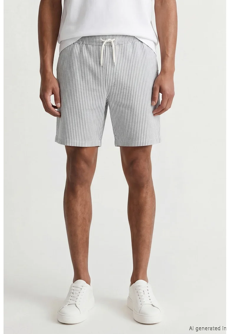 Pantaloni scurti cu snur de ajustare si model in dungi, Alb/Bleumarin