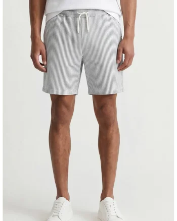 Pantaloni scurti cu snur de ajustare si model in dungi, Alb/Bleumarin
