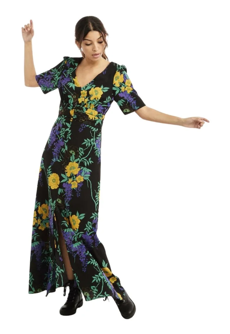 Rochie maxi cu model floral si slit frontal Lemonade,