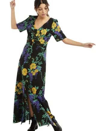 Rochie maxi cu model floral si slit frontal Lemonade,