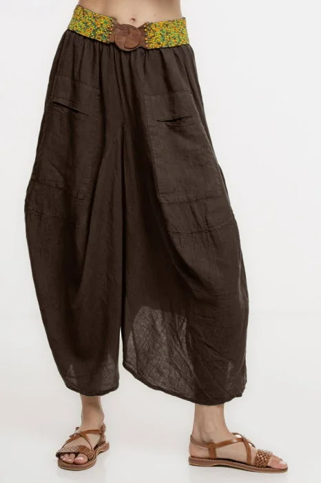 Pantaloni tip salvari din in, croiala asimetrica si buzunare, maro