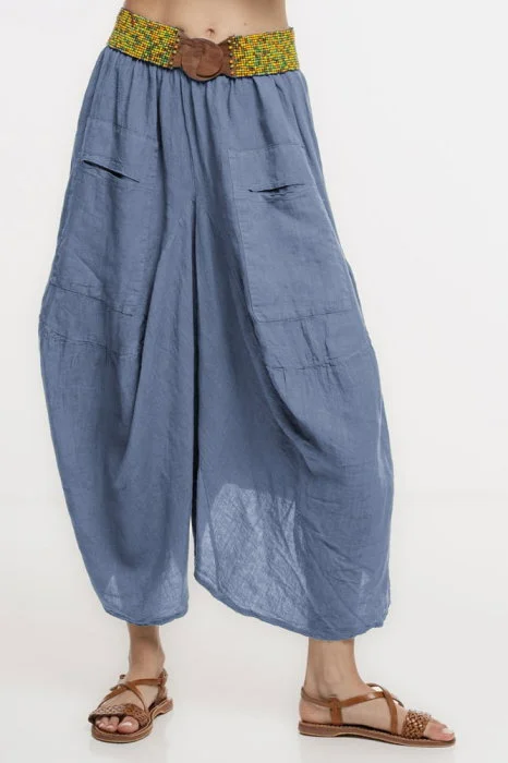 Pantaloni tip salvari din in, croiala asimetrica si buzunare, albastru jeans