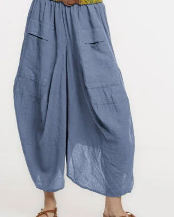 Pantaloni tip salvari din in, croiala asimetrica si buzunare, albastru jeans