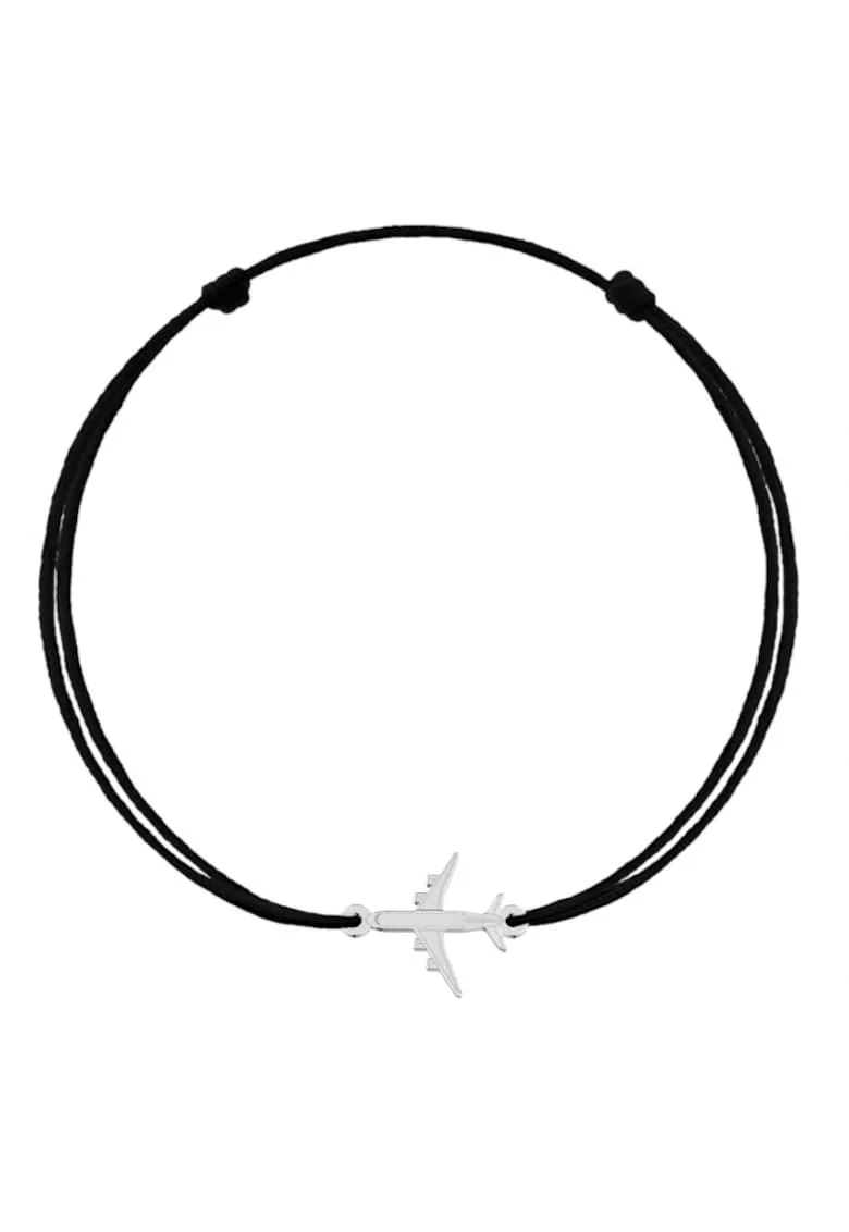 Bratara cu pandantiv Avion din Argint 925, snur negru reglabil