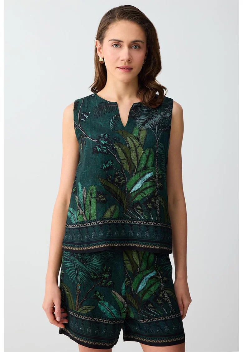Bluza din amestec de in cu model tropical, Verde padure
