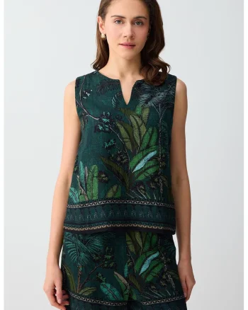 Bluza din amestec de in cu model tropical, Verde padure