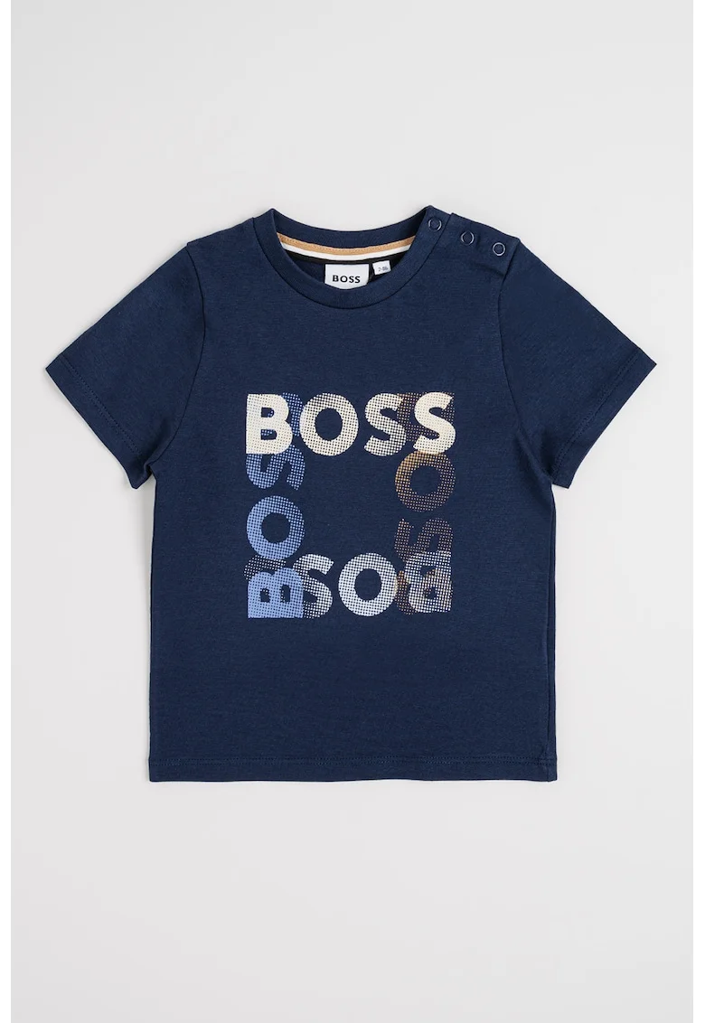Tricou din bumbac cu imprimeu logo si detaliu cu capse, Kaki/Bleumarin