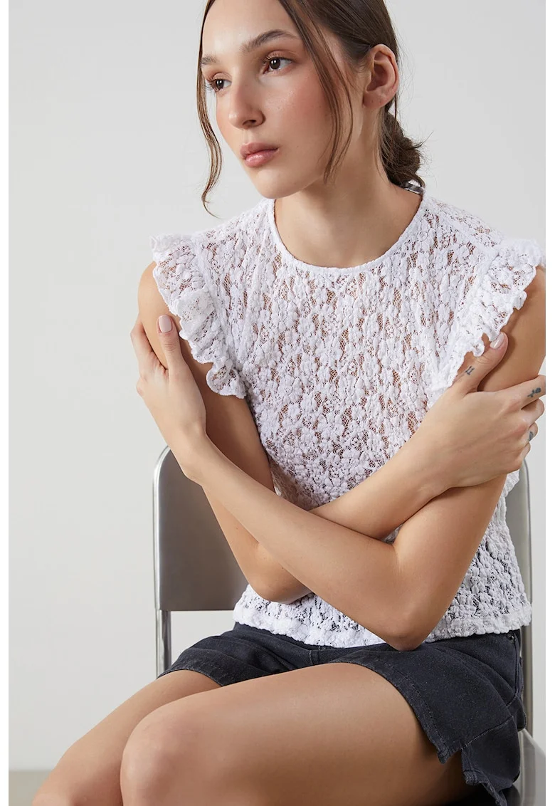 Bluza de dantela cu maneci scurte, Alb
