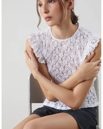 Bluza de dantela cu maneci scurte, Alb
