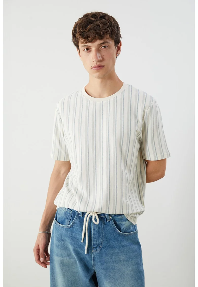 Tricou in dungi, din amestec de bumbac, Verde/Alb fildes
