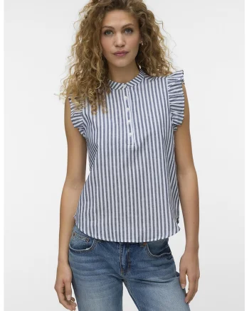 Bluza de bumbac organic si in cu volane, fara maneci, Alb/Bleumarin