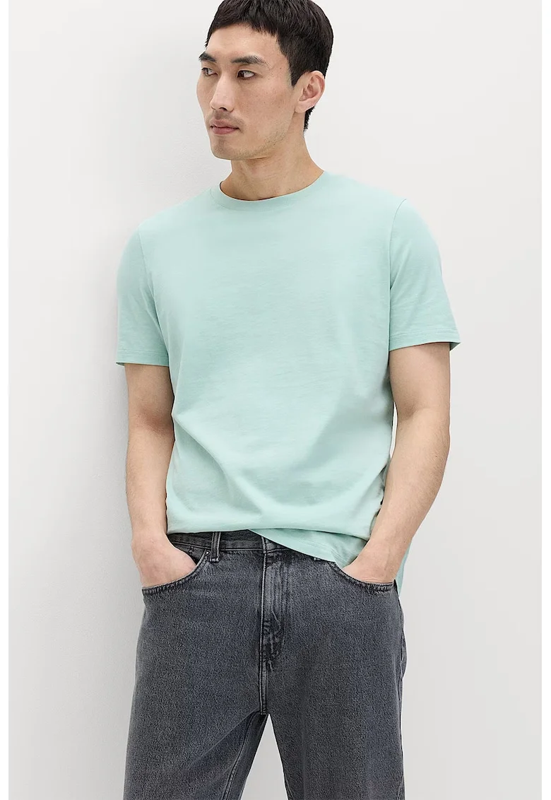 Tricou uni de bumbac cu decolteu la baza gatului, Verde pal