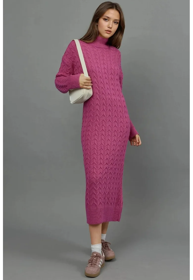 Rochie tricotata  guler inalt, maneca lunga, roz, tricot,