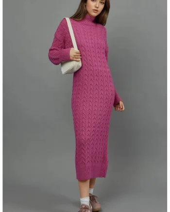 Rochie tricotata  guler inalt, maneca lunga, roz, tricot,