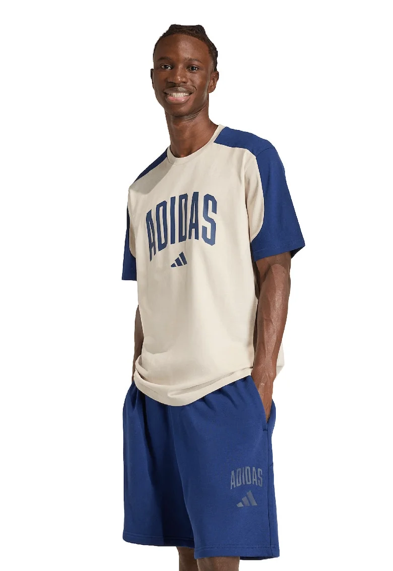 Tricou lejer din bumbac cu imprimeu logo Collegiate, Albastru inchis/Bej