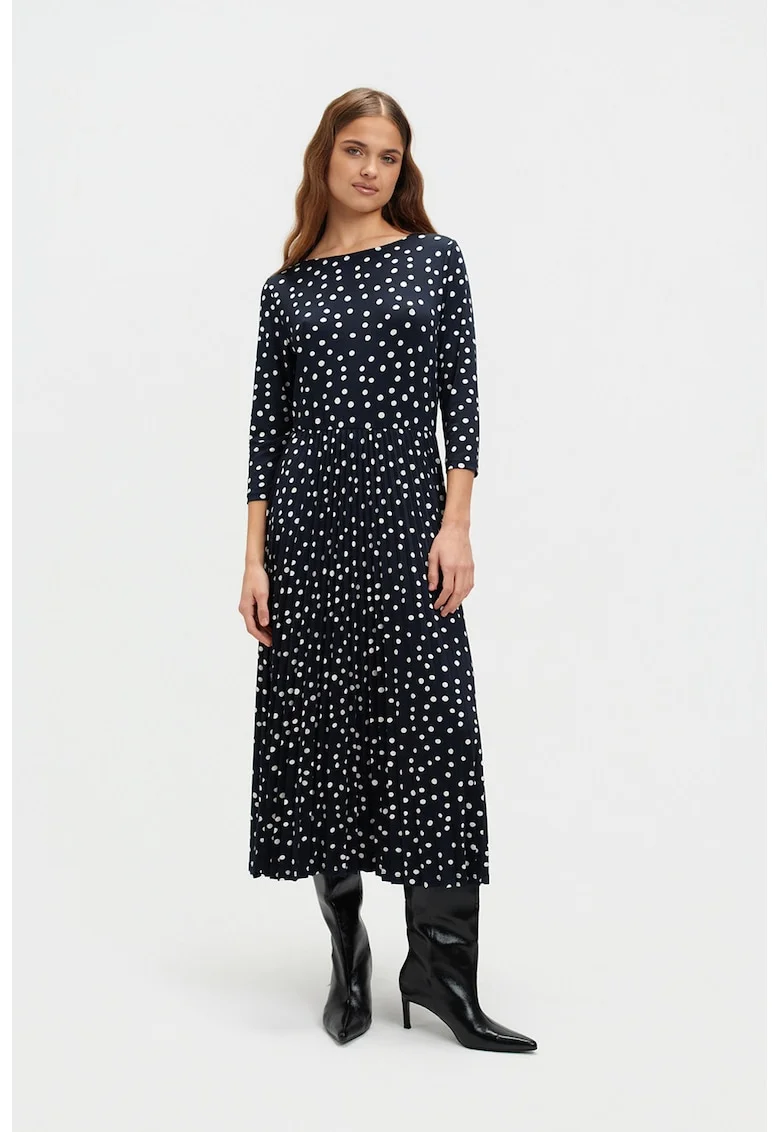 Rochie evazata cu model, Alb/Bleumarin