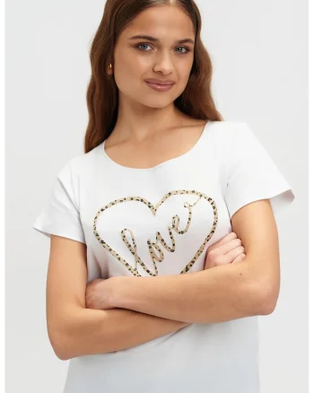 Tricou din bumbac cu imprimeu inima, Alb