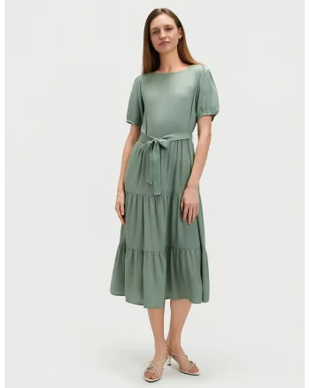 Rochie stratificata cu cordon in talie, Verde pal